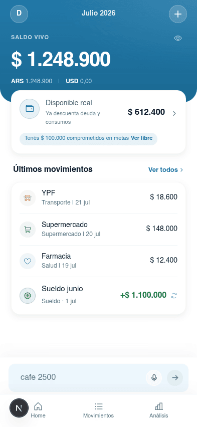 Vista de Gota con el dinero entre cuentas, disponible real y últimos movimientos